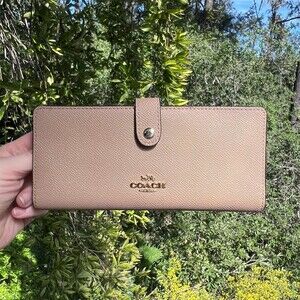 COACH Slim Long Bifold Snap Leather Wallet Tan/Taupe w Gold Hardware AUTHENTIC